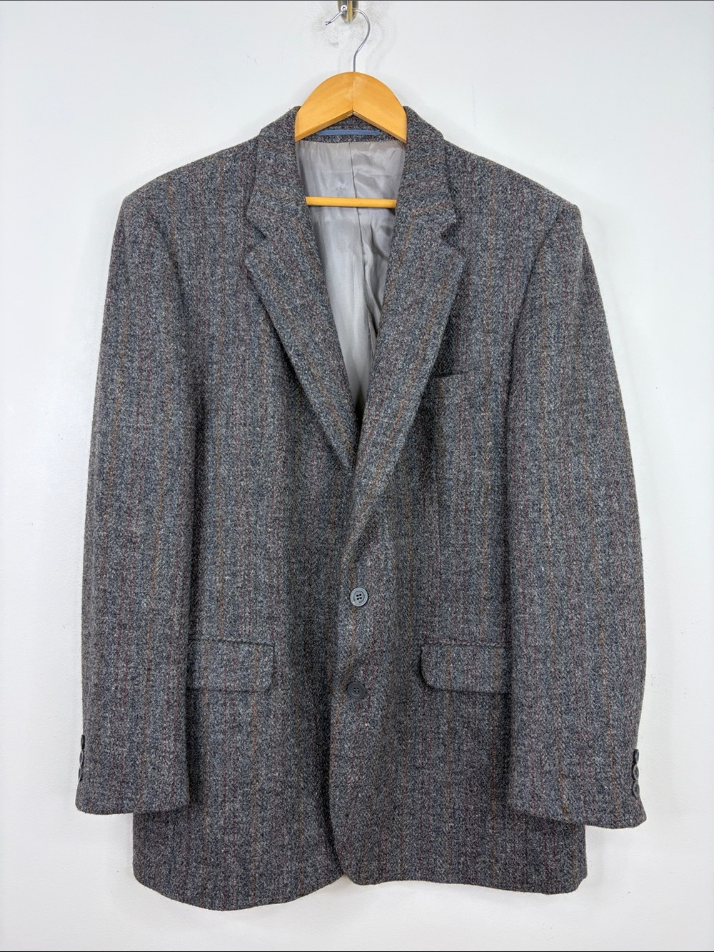 Vintage Harris Tweed Sport Coat Mens 46T Grey Orange Red Stripe Wool Blazer - Picture 2 of 15